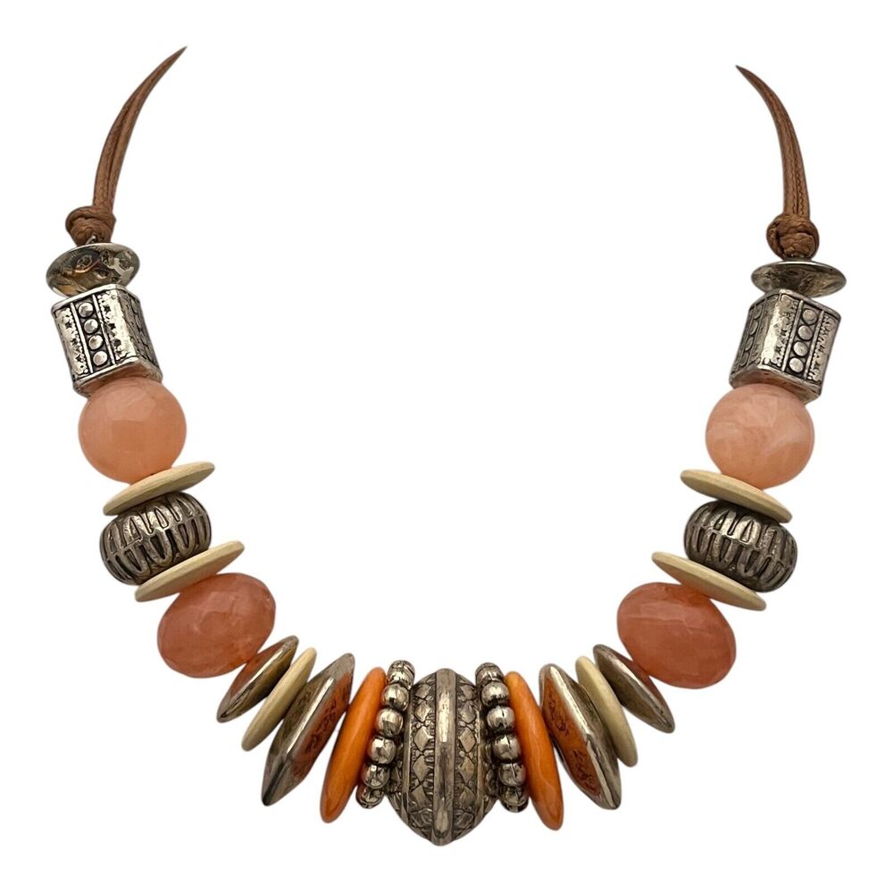 New Beaded Necklace Lucite Silver Tone Fabric Cord Statement - 11H